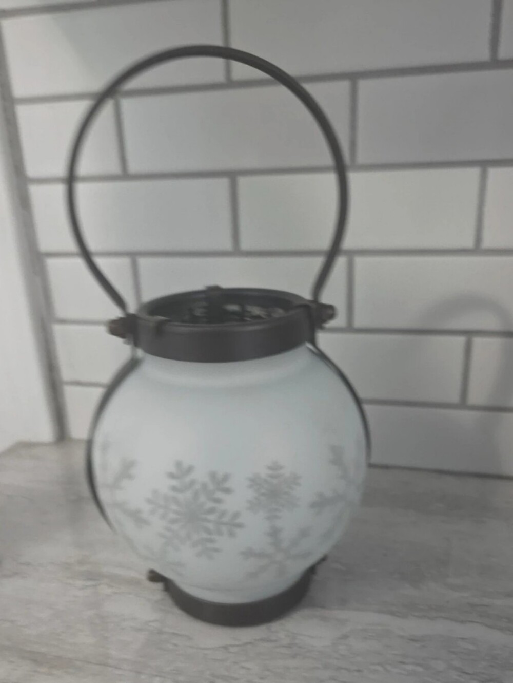 Bath And Body Works White Snowflake Glass Lantern with Black Metal Handle